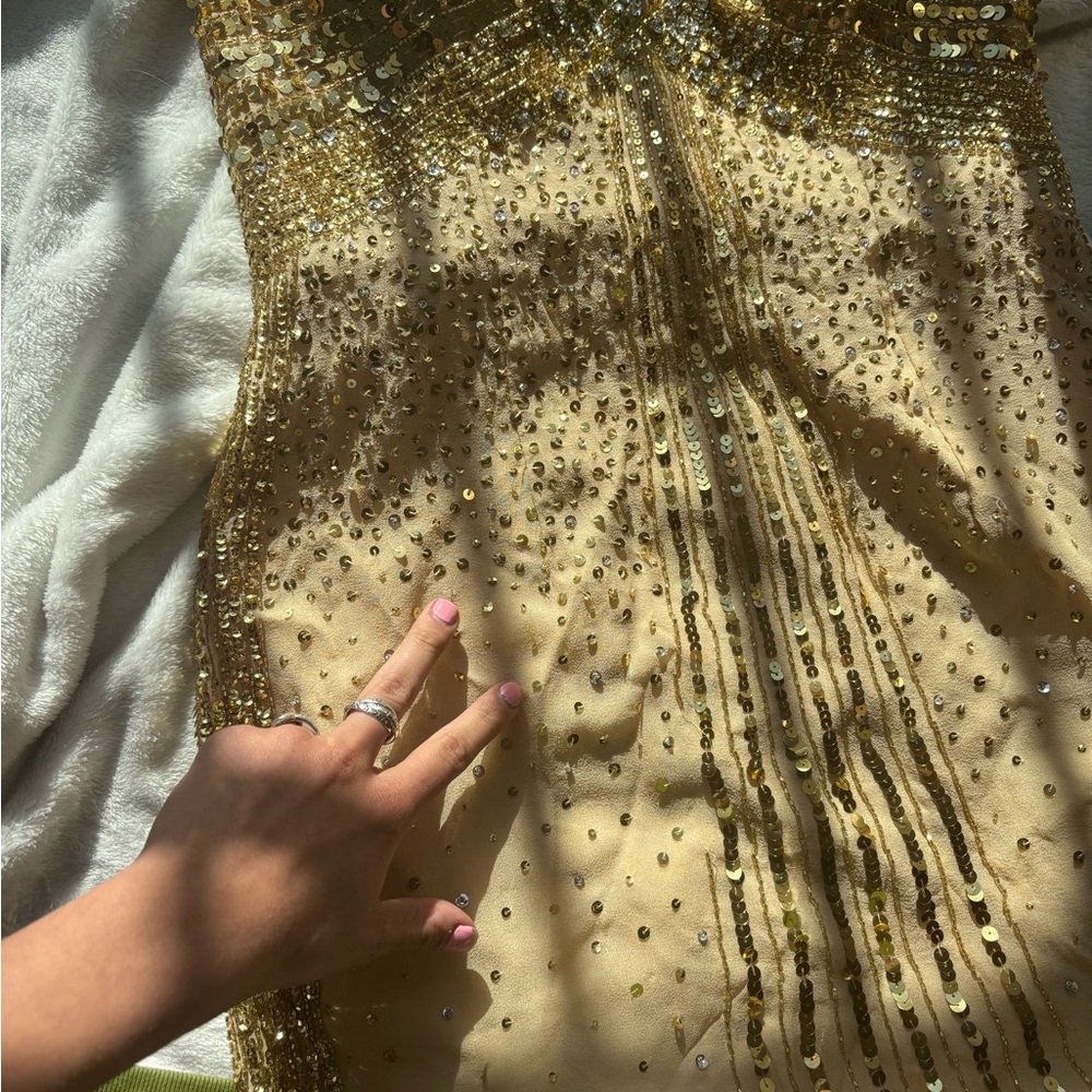 Basix Black Label Gold Sequin beaded embellished silk stone Strapless mini Dress - Picture 13 of 17